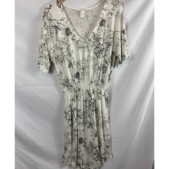 H&M Floral Cinch Waist V Neck Dress White Black Size small - Picture 1 of 5